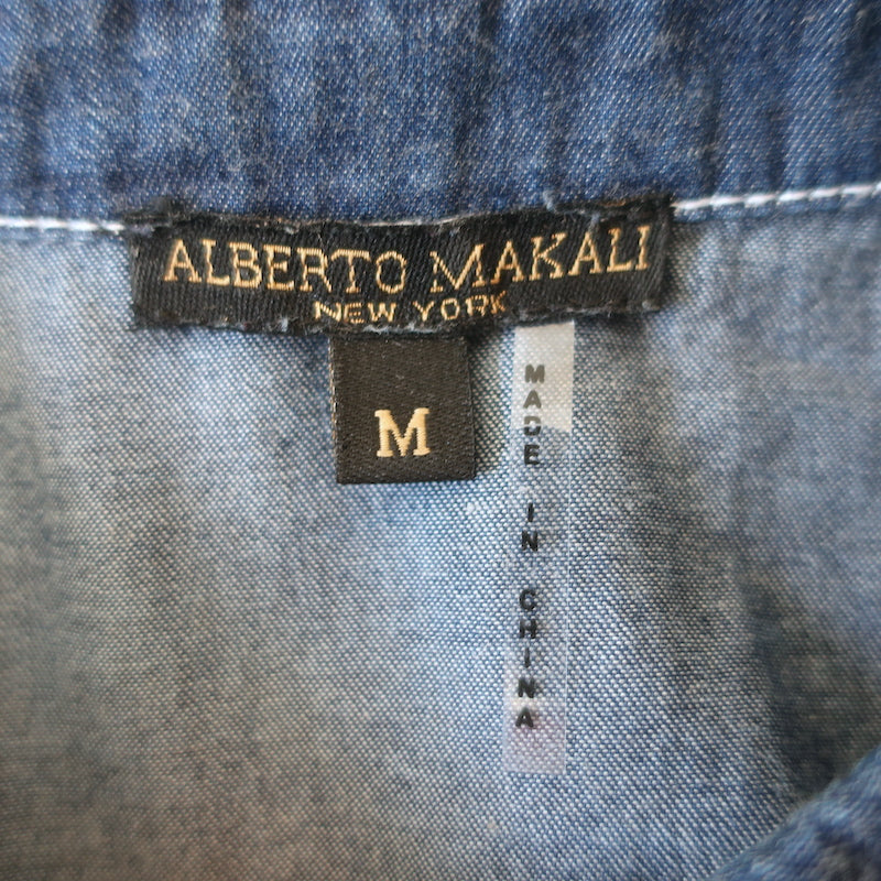 Alberto Makali Button Down Shirt Blue Denim &amp; Printed Crepe Size Medium