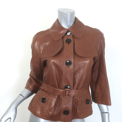 Burberry belted short leather trench jacket in brown, pre-owned luxury piece, gently worn.