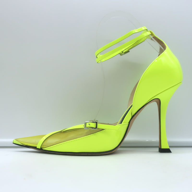 Jimmy Choo x Mugler Ankle Strap Pumps Neon Yellow Patent Leather Size 37.5