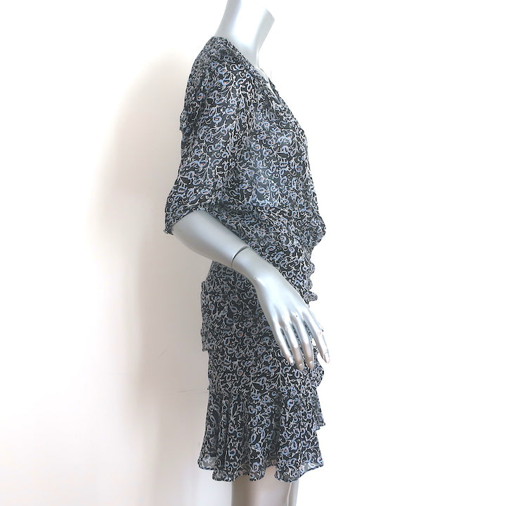 Veronica Beard Dakota Ruched Mini Dress Black Printed Silk Chiffon Size 6