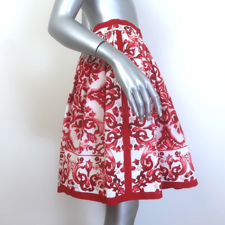 Dolce &amp; Gabbana Majolica Print Pleated Mini Skirt Red/White Poplin Size 40