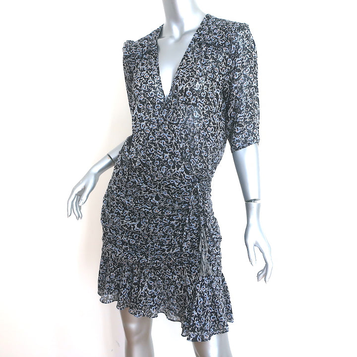 Veronica Beard Dakota Ruched Mini Dress Black Printed Silk Chiffon Size 6