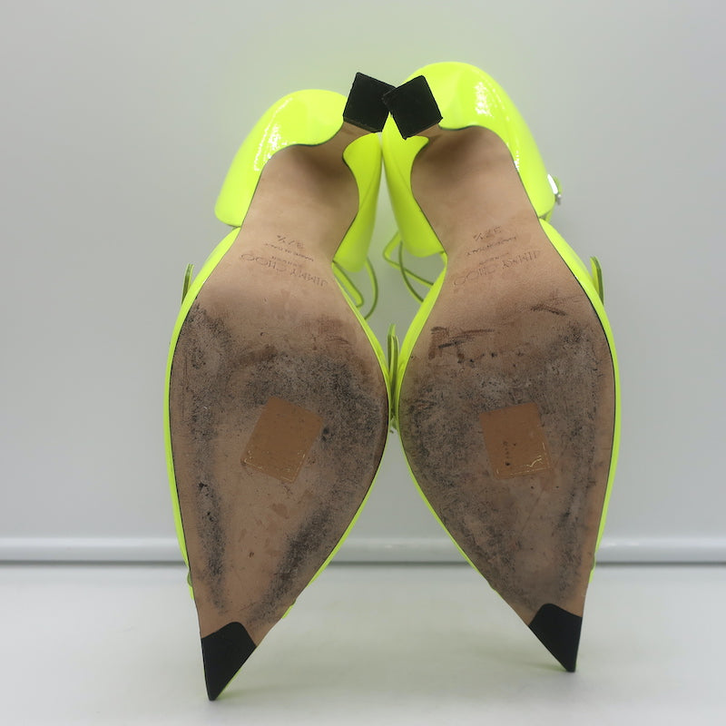 Jimmy Choo x Mugler Ankle Strap Pumps Neon Yellow Patent Leather Size 37.5
