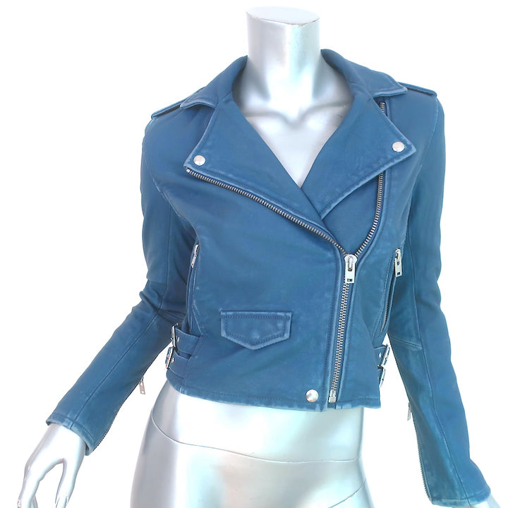 IRO Ashville Motorcycle Jacket Blue Distressed Leather Size 36 NEW