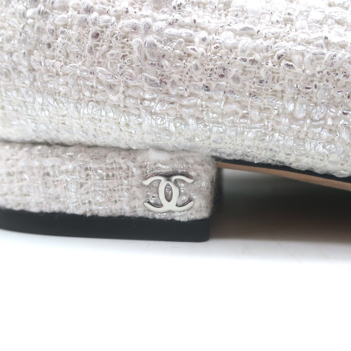 Chanel 24S Bicolor Cap Toe Metallic Tweed Ballet Flats White &amp; Black Size 37.5