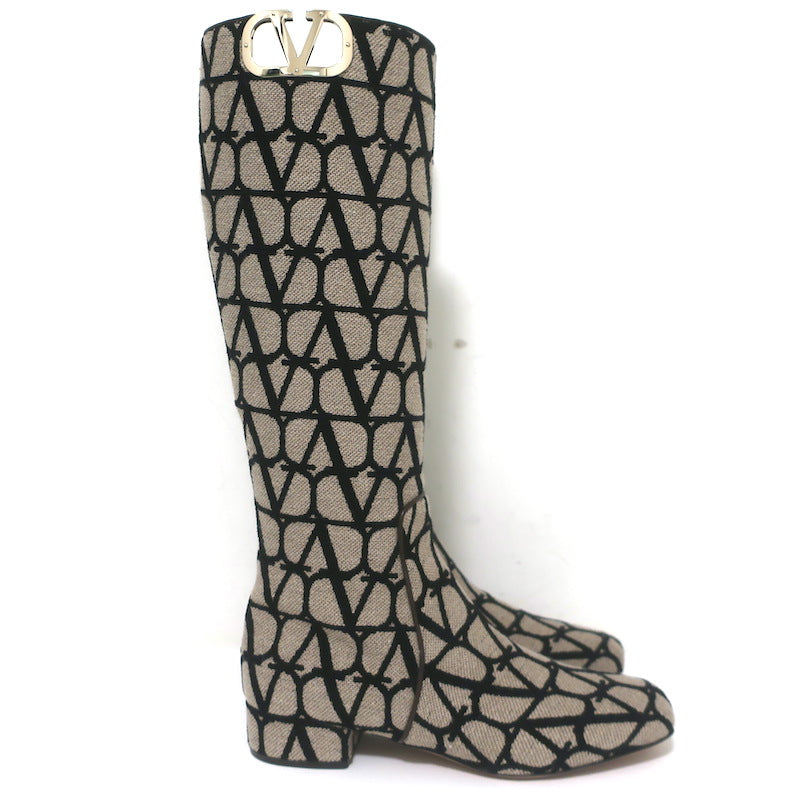 Valentino Toile Iconographe Knee High Flat Boots Beige Canvas Size 38 NEW