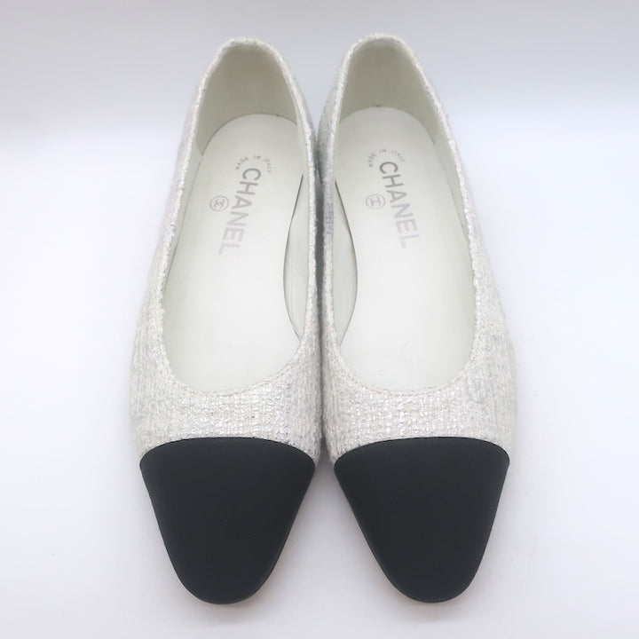 Chanel 24S Bicolor Cap Toe Metallic Tweed Ballet Flats White &amp; Black Size 37.5