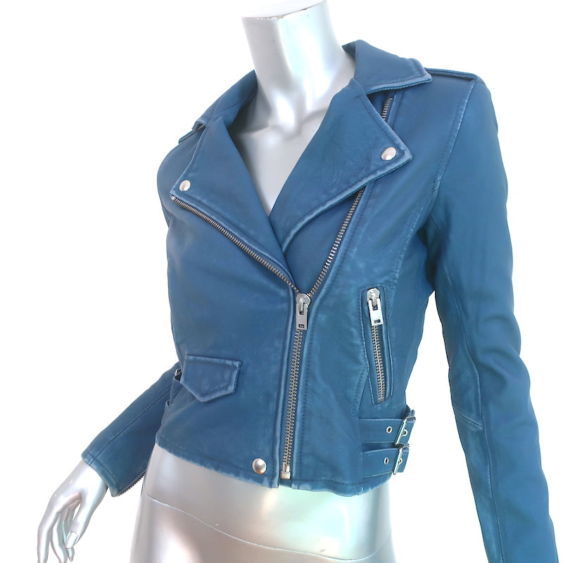 IRO Ashville Motorcycle Jacket Blue Distressed Leather Size 36 NEW