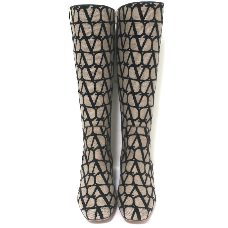Valentino Toile Iconographe Knee High Flat Boots Beige Canvas Size 38 NEW
