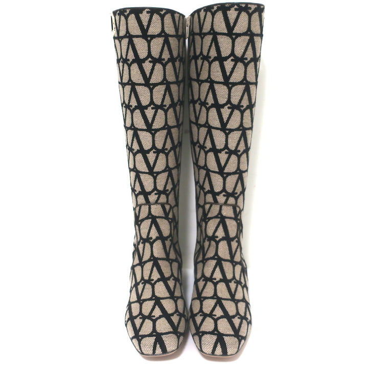 Valentino Toile Iconographe Knee High Flat Boots Beige Canvas Size 38 NEW