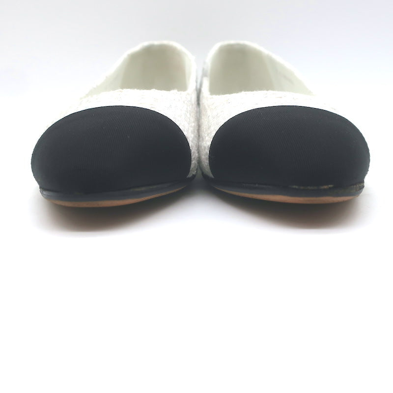 Chanel 24S Bicolor Cap Toe Metallic Tweed Ballet Flats White &amp; Black Size 37.5