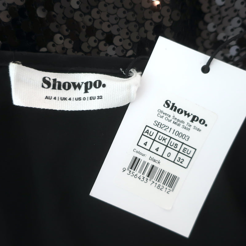 Showpo Olivera Sequin Tie-Side Cutout Midi Skirt Black Size US 0 NEW
