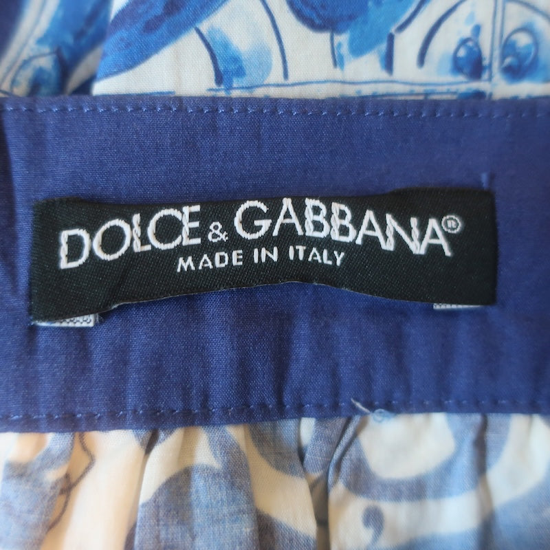 Dolce &amp; Gabbana Majolica Print Pleated Mini Skirt Blue/White Poplin Size 40