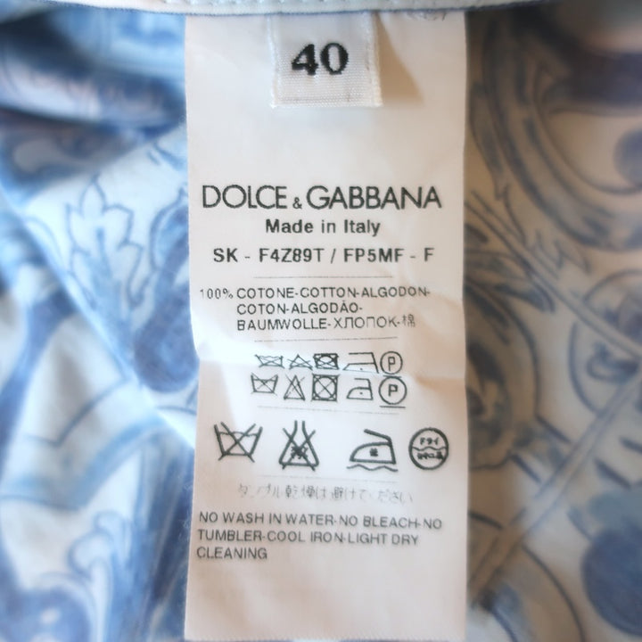 Dolce &amp; Gabbana Majolica Print Pleated Mini Skirt Blue/White Poplin Size 40