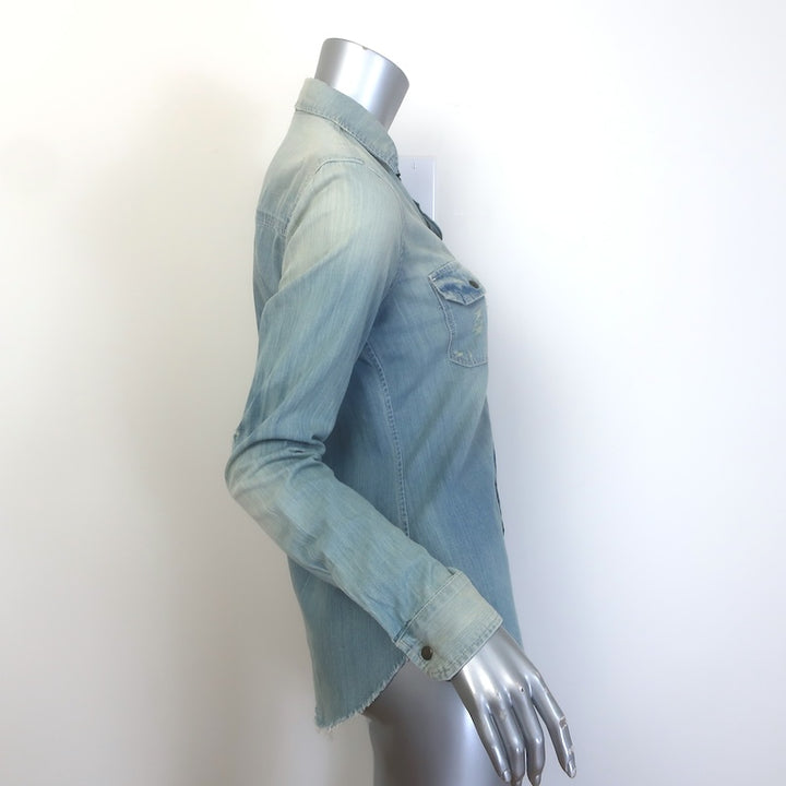 MOTHER The Trooper Fray Button-Up Shirt Snap Decision Denim Size Small NEW