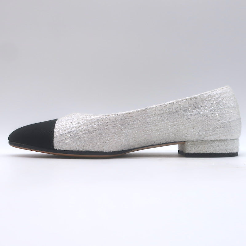 Chanel 24S Bicolor Cap Toe Metallic Tweed Ballet Flats White &amp; Black Size 37.5