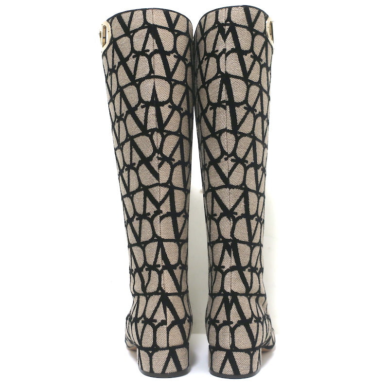 Valentino Toile Iconographe Knee High Flat Boots Beige Canvas Size 38 NEW