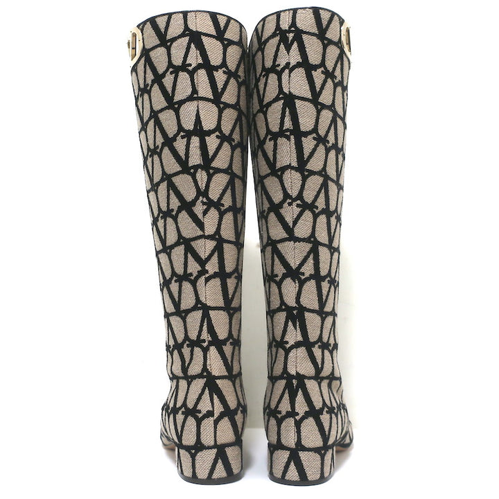 Valentino Toile Iconographe Knee High Flat Boots Beige Canvas Size 38 NEW