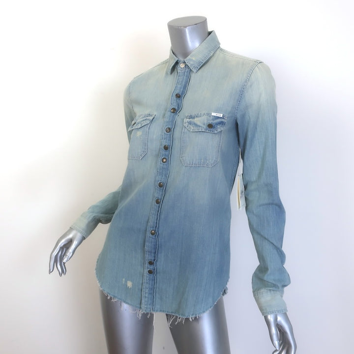 MOTHER The Trooper Fray Button-Up Shirt Snap Decision Denim Size Small NEW