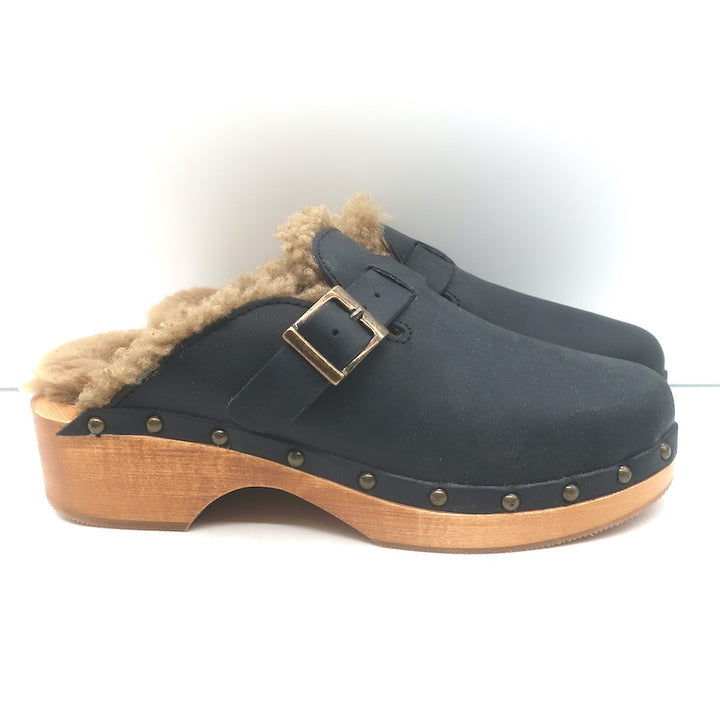 RE/DONE 70s Shearling Clogs Black Nubuck Leather Size 37