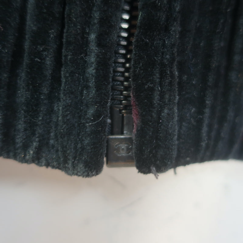 Chanel metallic-embroidered shearling bomber jacket, black with purple accents, authentic pre-owned (size 38)