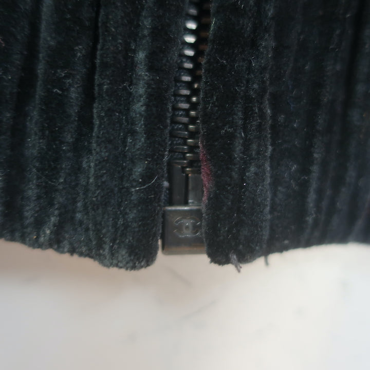 Chanel metallic-embroidered shearling bomber jacket, black with purple accents, authentic pre-owned (size 38)