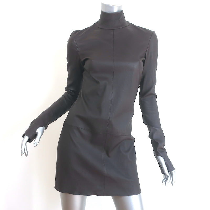 Helmut Lang Turtleneck Long-Sleeve Paneled Leather Dress, Brown, Women's, 6 Helmut Lang Turtleneck Long-Sleeve Paneled Leather Dress, Brown, Women's, 6