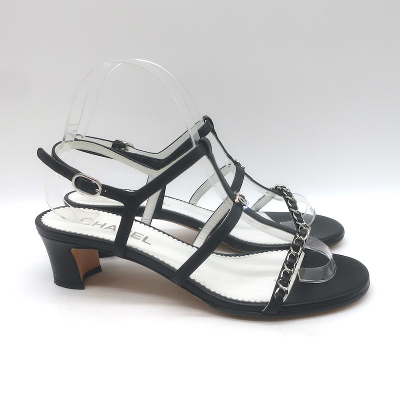 Chanel 23P Crystal CC Chain-Trimmed T-Strap Sandals Black Leather Size 37.5