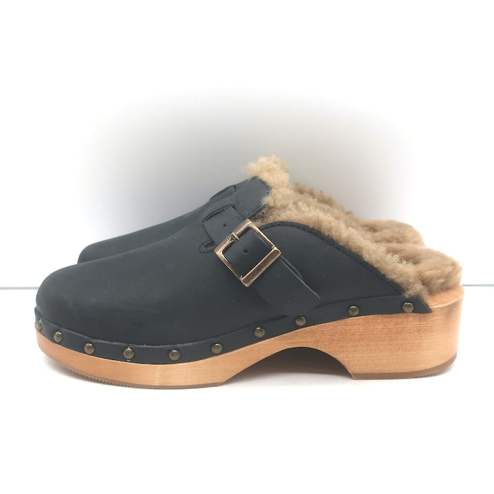 RE/DONE 70s Shearling Clogs Black Nubuck Leather Size 37