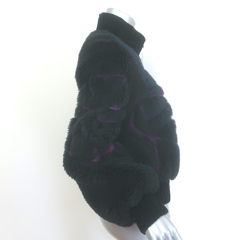 Authentic Chanel metallic-embroidered shearling bomber jacket, black with purple accents, gently pre-owned, size 38