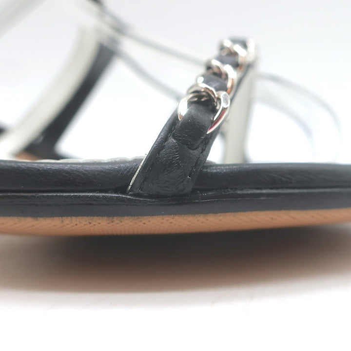 Chanel 23P Crystal CC Chain-Trimmed T-Strap Sandals Black Leather Size 37.5