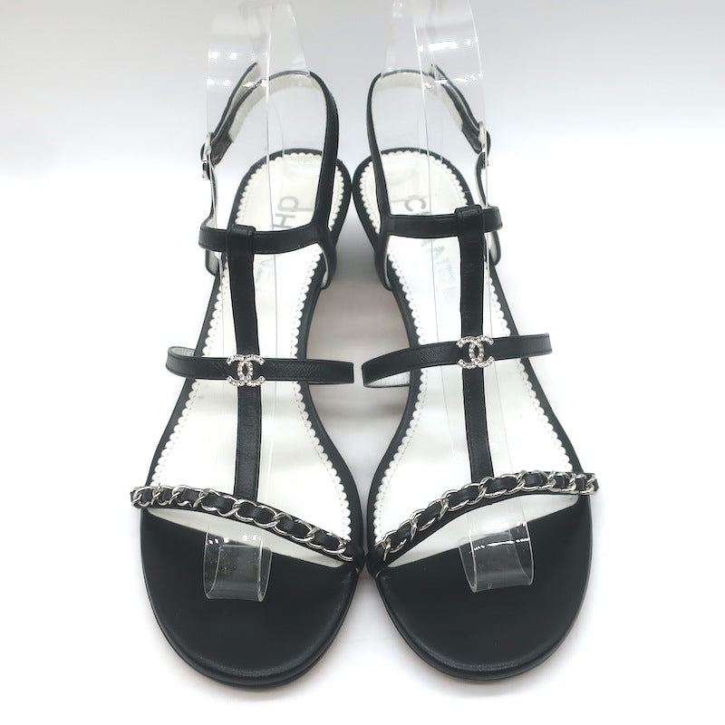Chanel 23P Crystal CC Chain-Trimmed T-Strap Sandals Black Leather Size 37.5