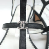 Chanel 23P Crystal CC Chain-Trimmed T-Strap Sandals Black Leather Size 37.5