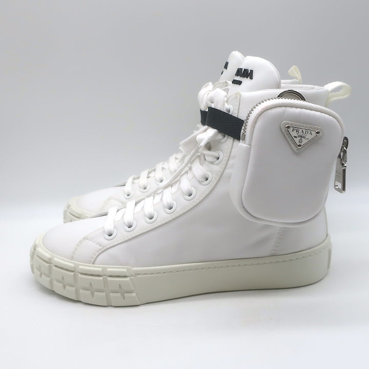 Prada Wheel Pouch Re-Nylon High Top Sneakers White Size 38.5