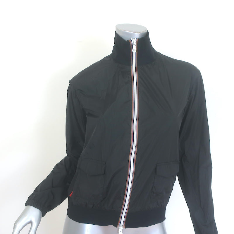 Prada Linea Rossa black nylon zip-up jacket with graphic patches, pre-owned authentic luxury, size 42