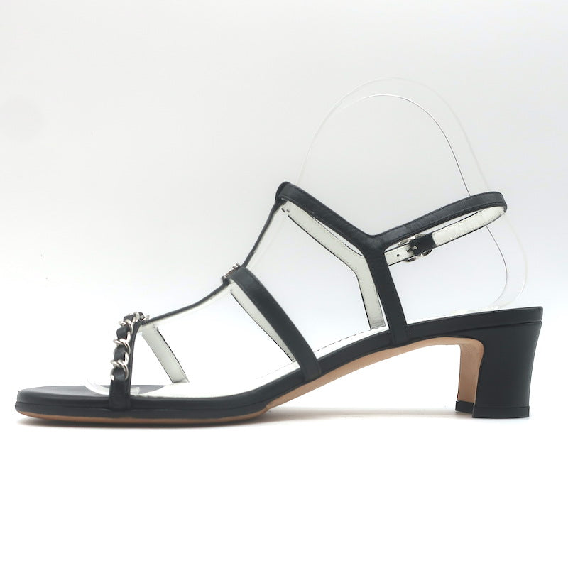 Chanel 23P Crystal CC Chain-Trimmed T-Strap Sandals Black Leather Size 37.5