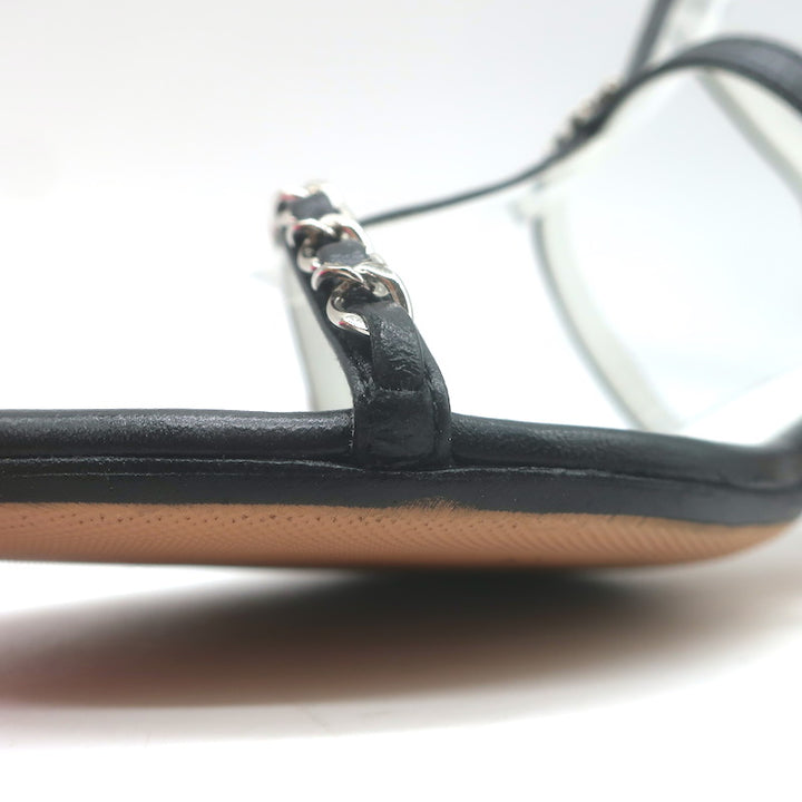 Chanel 23P Crystal CC Chain-Trimmed T-Strap Sandals Black Leather Size 37.5