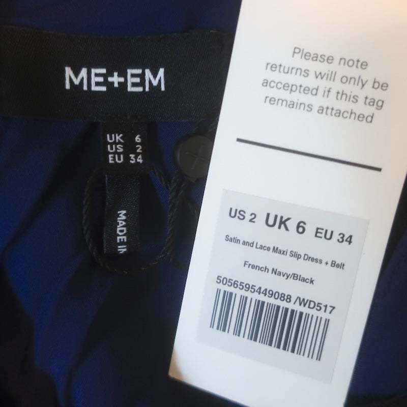 ME+EM Lace-Trimmed Satin Maxi Slip Dress Navy/Black Size US 2 NEW