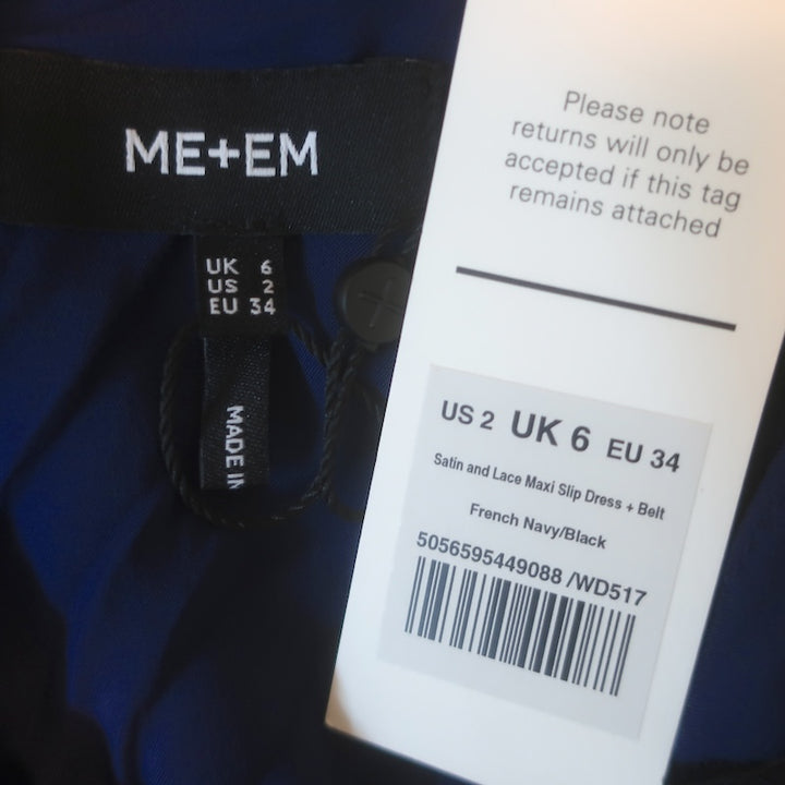 ME+EM Lace-Trimmed Satin Maxi Slip Dress Navy/Black Size US 2 NEW