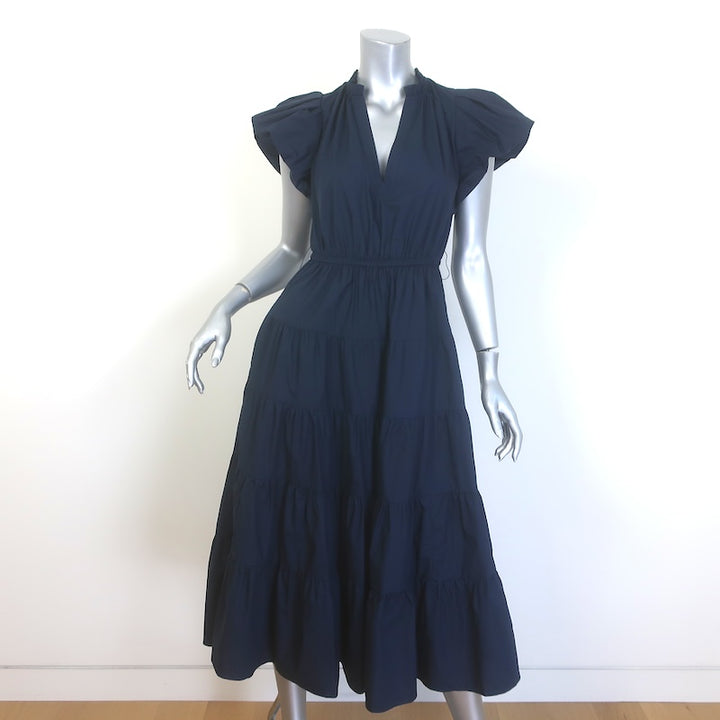 Ulla Johnson Ottilie Puff Sleeve Tiered Midi Dress Navy Cotton Poplin Size 0
