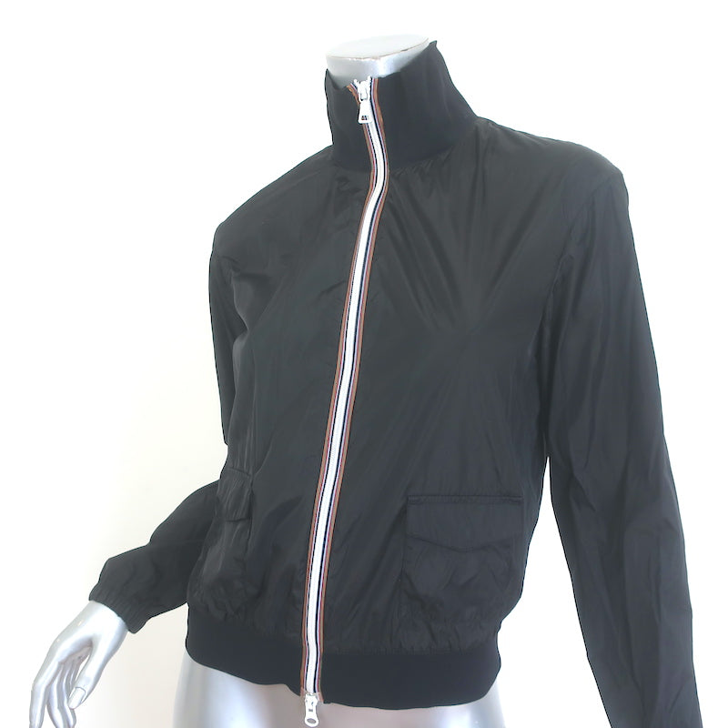 Authentic Prada Linea Rossa black nylon zip-up jacket with graphic patch embellishments, pre-owned