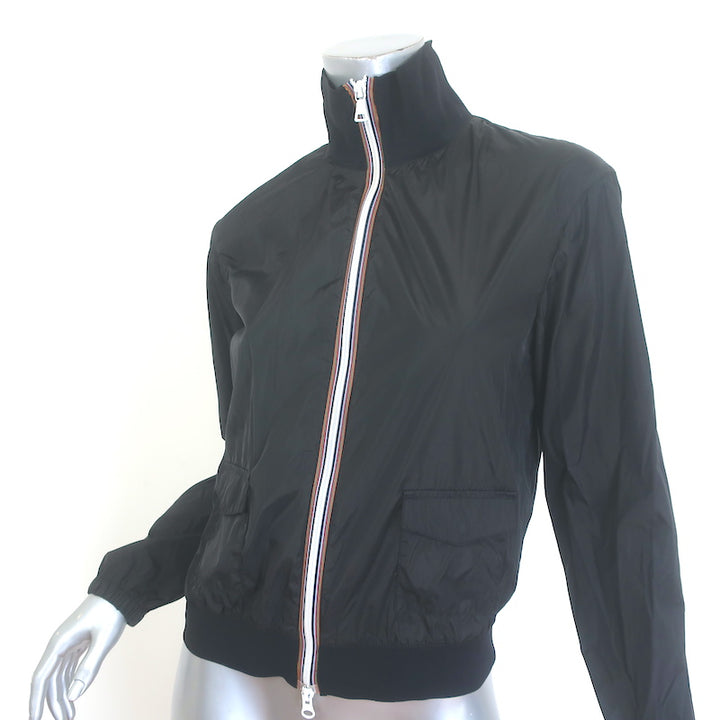 Authentic Prada Linea Rossa black nylon zip-up jacket with graphic patch embellishments, pre-owned