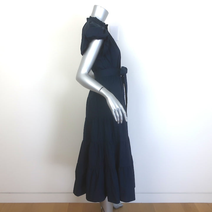 Ulla Johnson Ottilie Puff Sleeve Tiered Midi Dress Navy Cotton Poplin Size 0