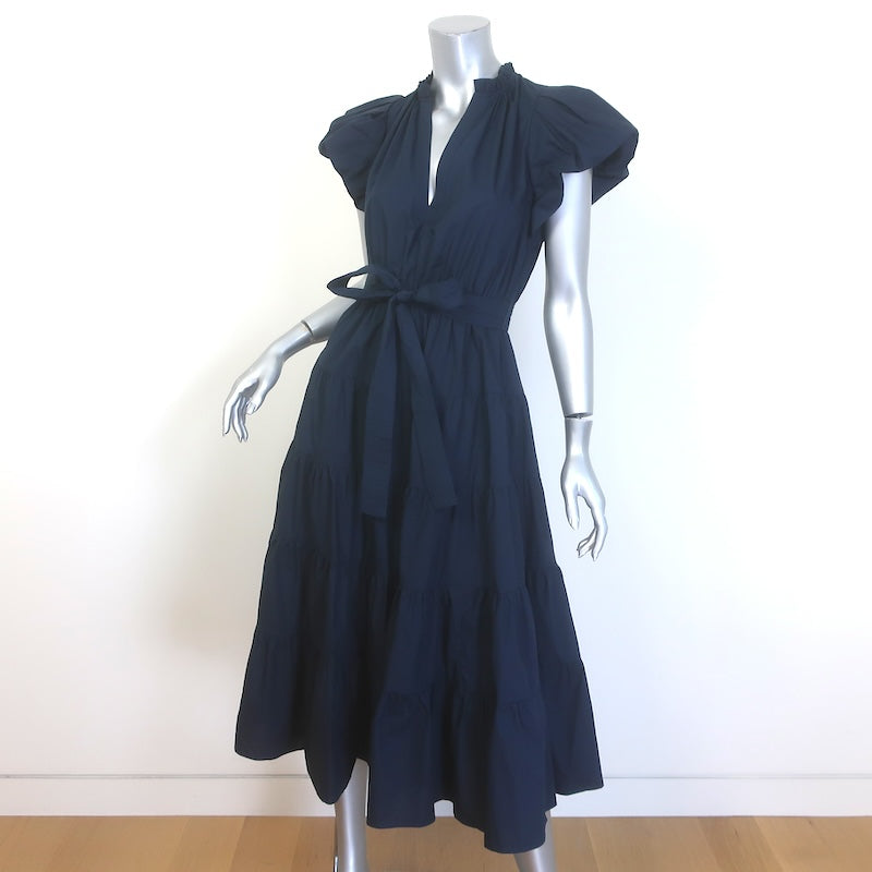 Ulla Johnson Ottilie Puff Sleeve Tiered Midi Dress Navy Cotton Poplin Size 0