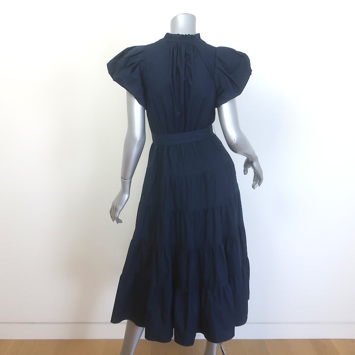 Ulla Johnson Ottilie Puff Sleeve Tiered Midi Dress Navy Cotton Poplin Size 0