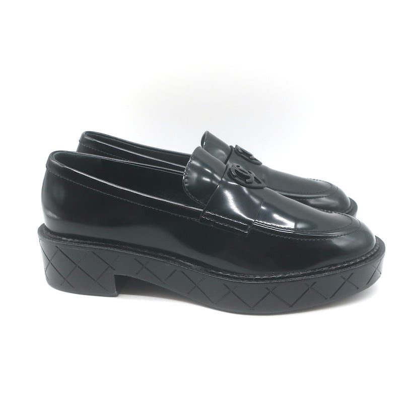 Chanel 24K Heart CC Quilted-Platform Loafers Black Shiny Leather Size 37.5