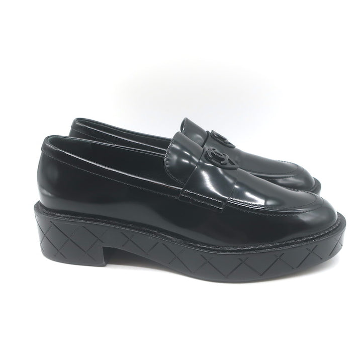 Chanel 24K Heart CC Quilted-Platform Loafers Black Shiny Leather Size 37.5