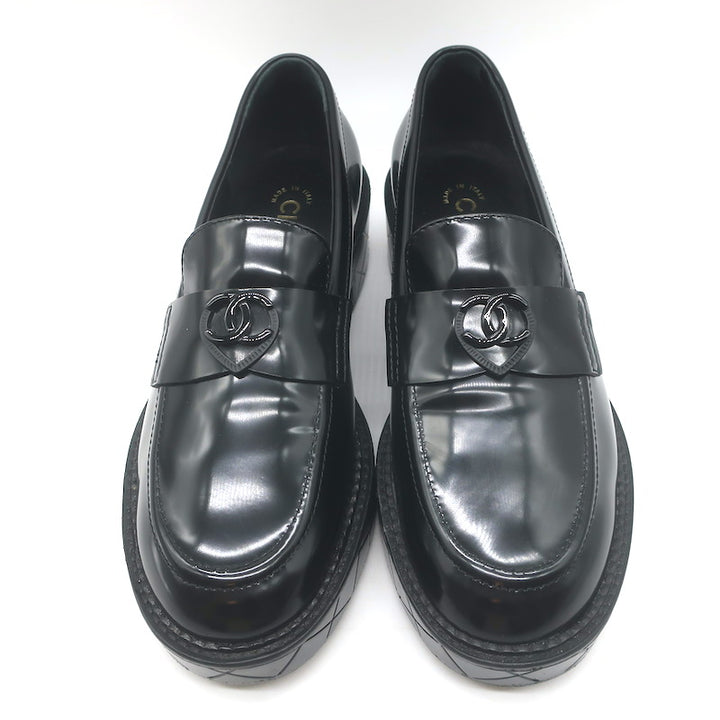 Chanel 24K Heart CC Quilted-Platform Loafers Black Shiny Leather Size 37.5