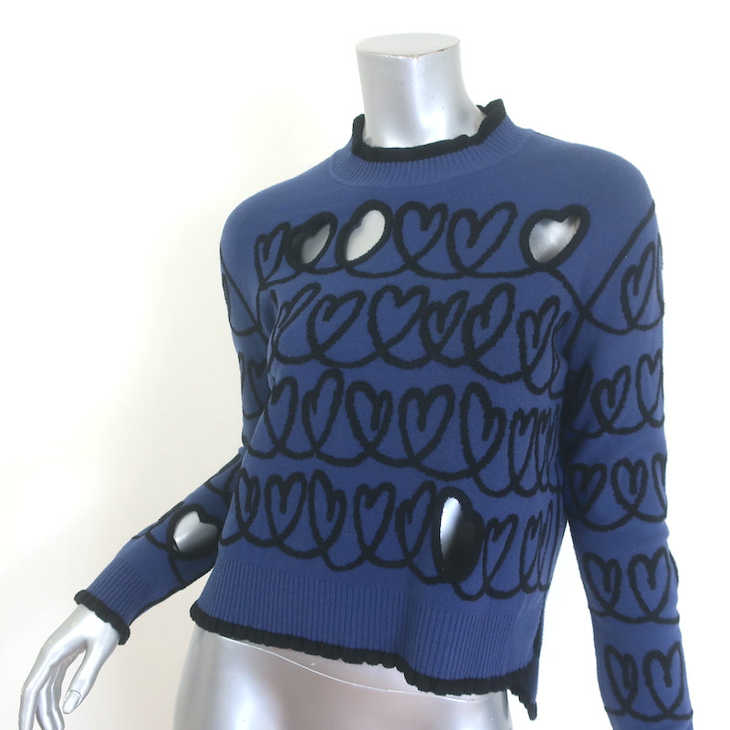 Fendi navy wool-blend scribble heart embroidered cutout sweater, size 38, authentic pre-owned luxury piece