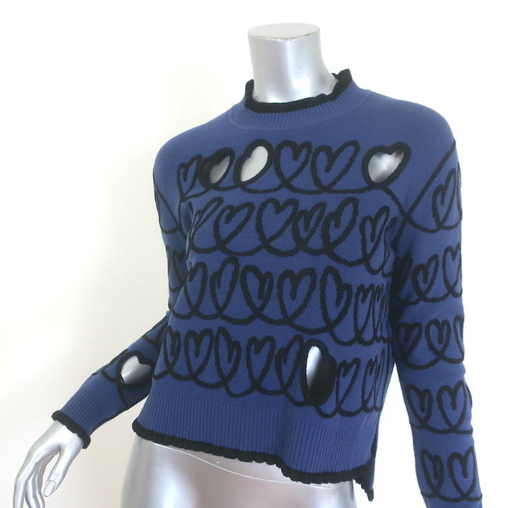 Fendi navy wool-blend scribble heart embroidered cutout sweater, size 38, authentic pre-owned luxury piece